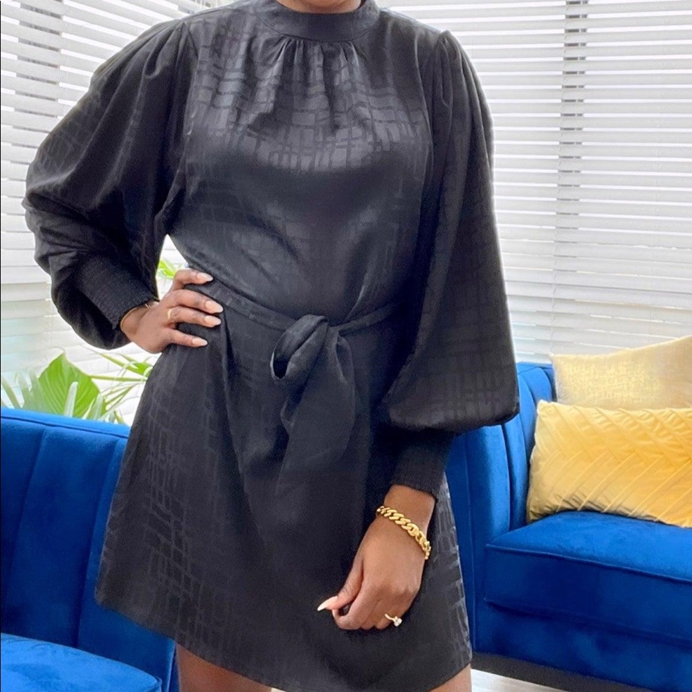 NEW Black Satin Balloon Sleeve Dress with removable belt